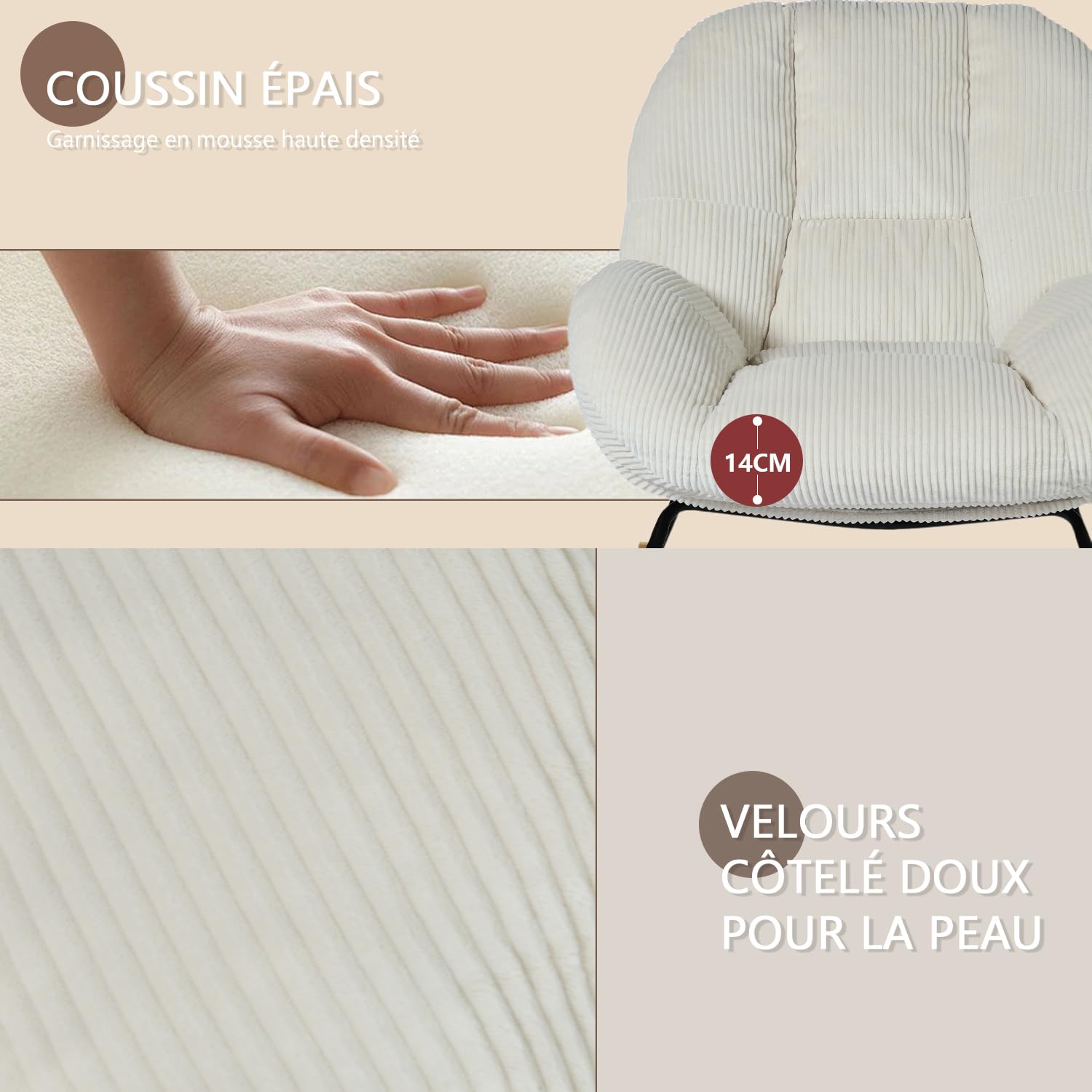 Fauteuil à bascule scandinave en velours côtelé rembourré avec dossier haut accoudoirs ergonomiques pour salon chambre beige