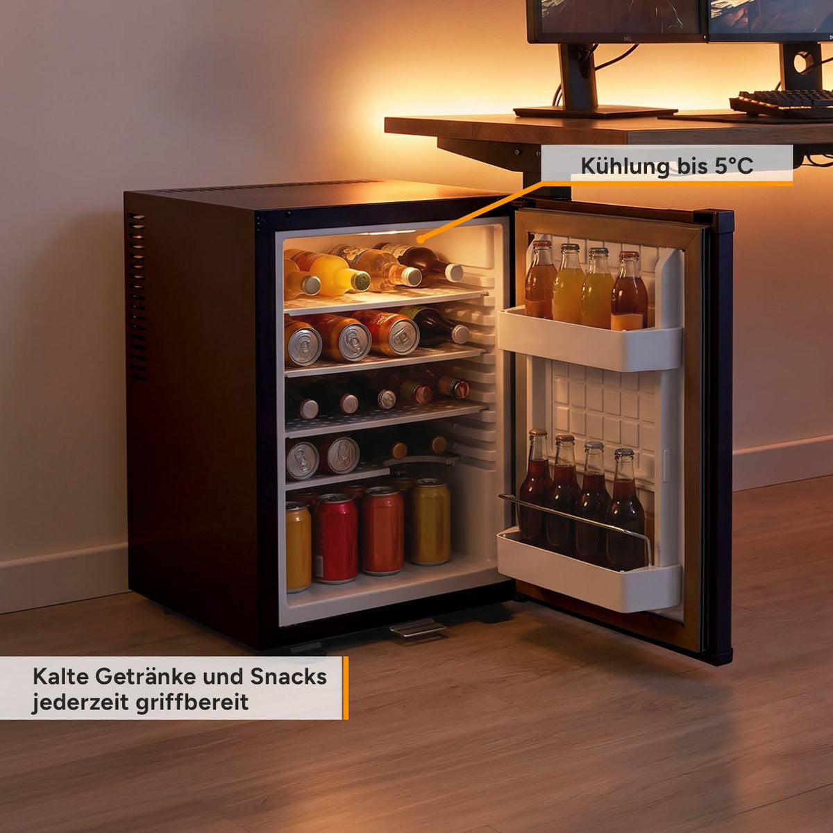 Mini Kühlschrank 40 L, nahezu lautlos mit 22 dB, abschließbar inkl. 2 Schlüsseln, wechselbarer Türanschlag und Innenbeleuchtung, Minibar für Camping