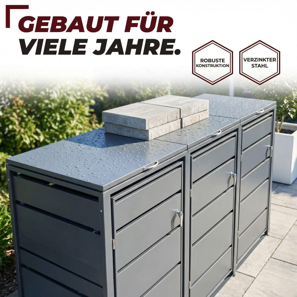 Mülltonnenbox 3er aus Metall für 120 bis 240 L Mülltonnen mit abschließbaren Türen 116 x 196 x 80 cm