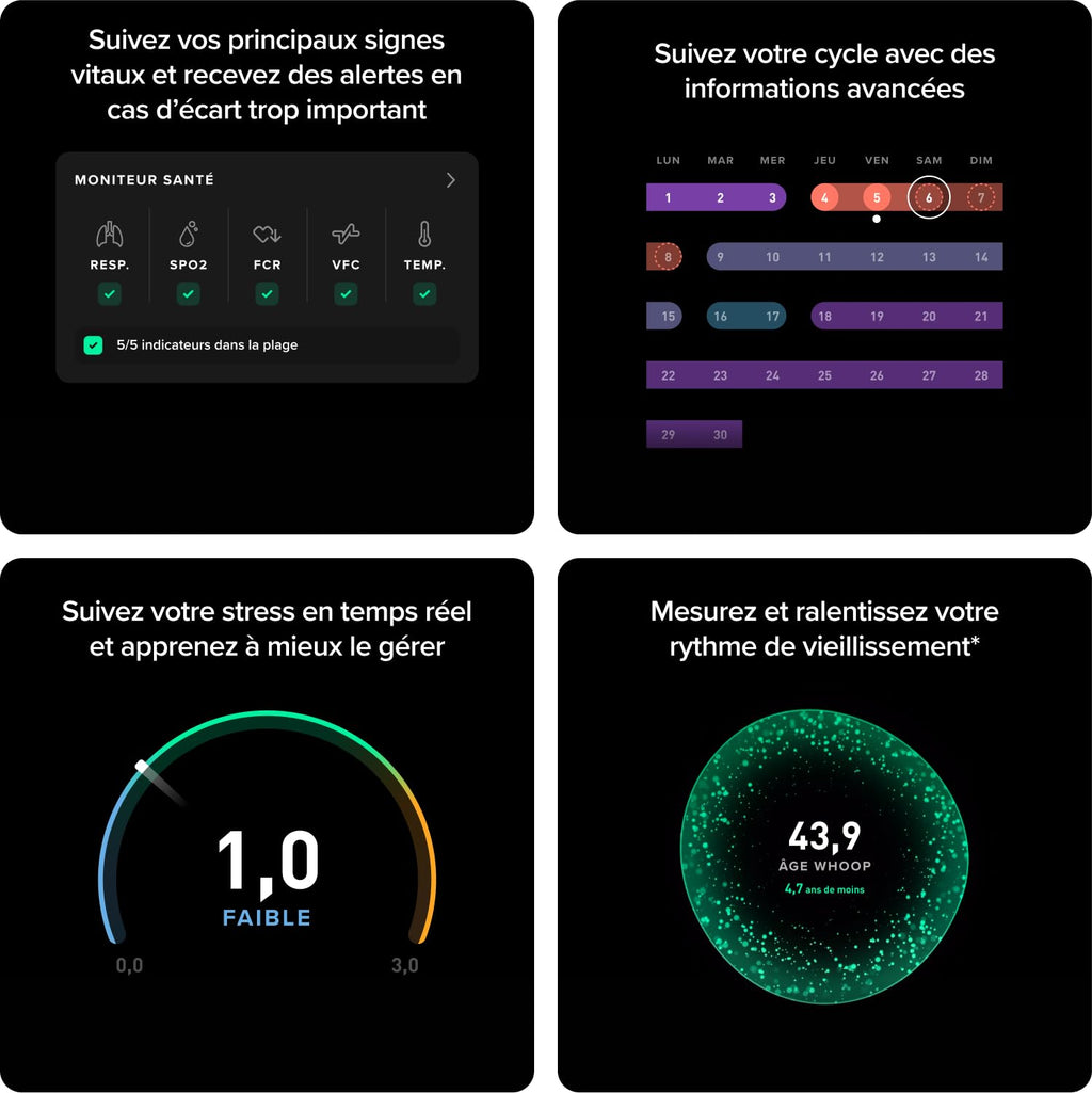 Capteur fitness et santé WHOOP 5.0 MG suivi activité 24h/24 autonomie batterie 14 jours fréquence cardiaque