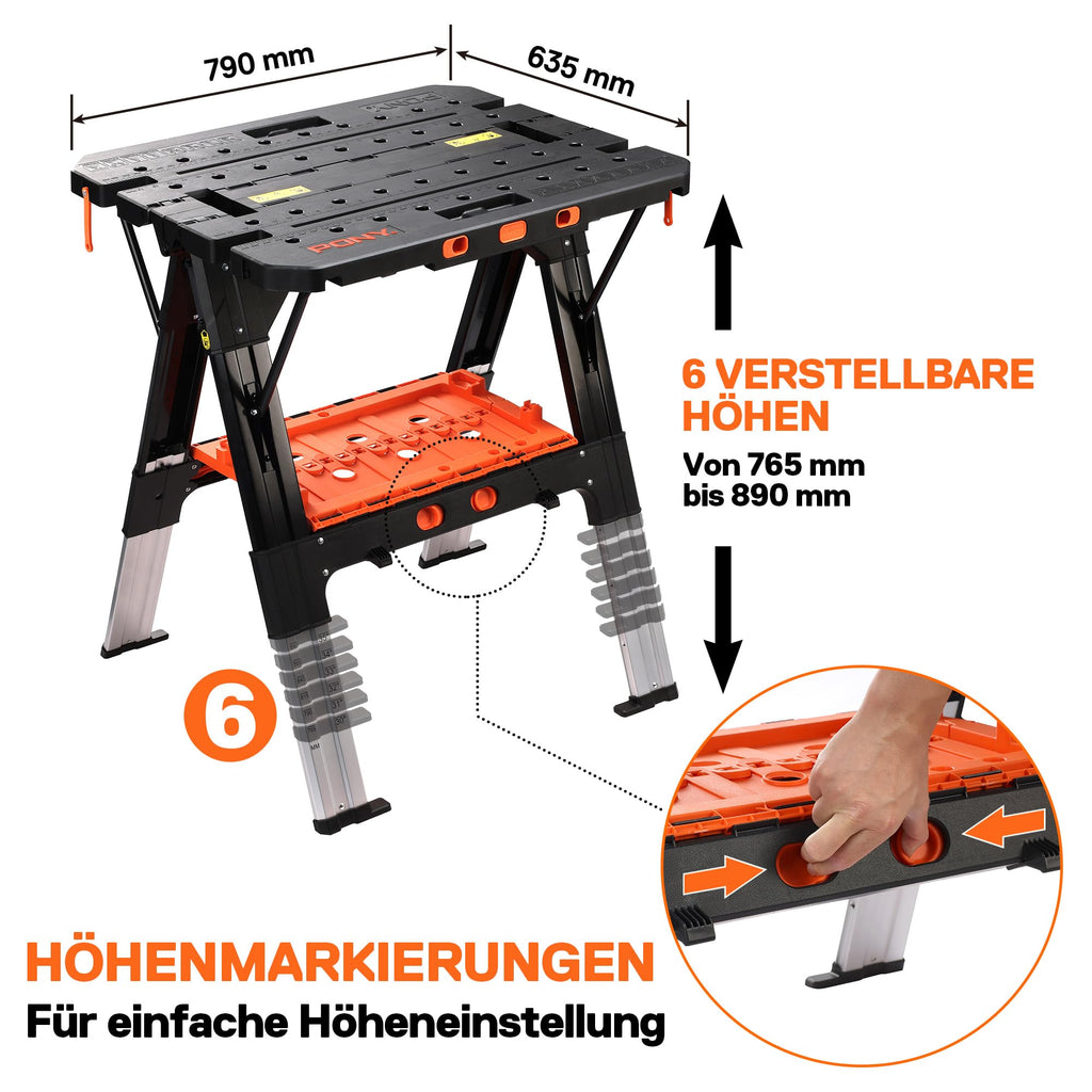 Klappbare 2-in-1 Werkbank und Sägebock 454 kg Belastbarkeit mit 4 Schraubzwingen 6-fach höhenverstellbar