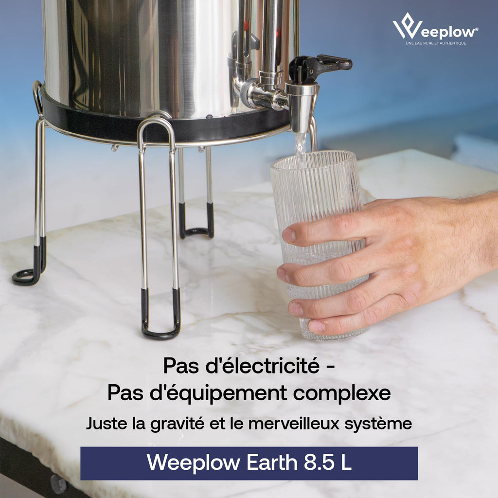 Système de filtration d'eau par gravité Earth WEEP850 8,5 L en acier inoxydable AISI 304 avec 2 filtres O'Pure 2 et robinet indicateur de niveau