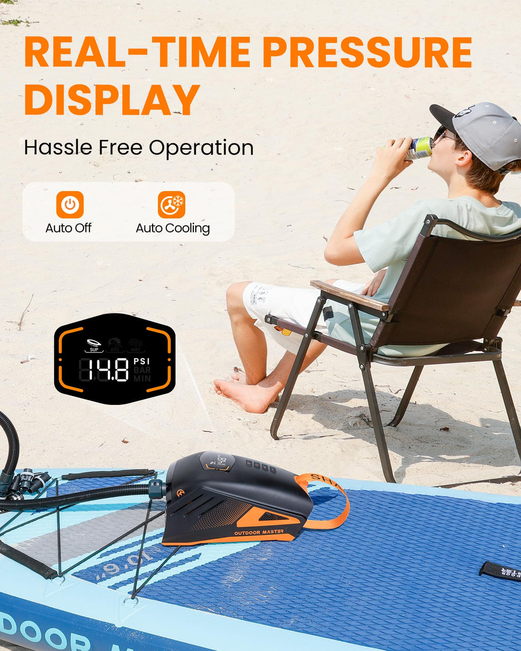Elektrische SUP-Pumpe Shark 3 mit 74-Wh-Akku, 20 PSI und Auto-Off, inkl. 8 Düsen