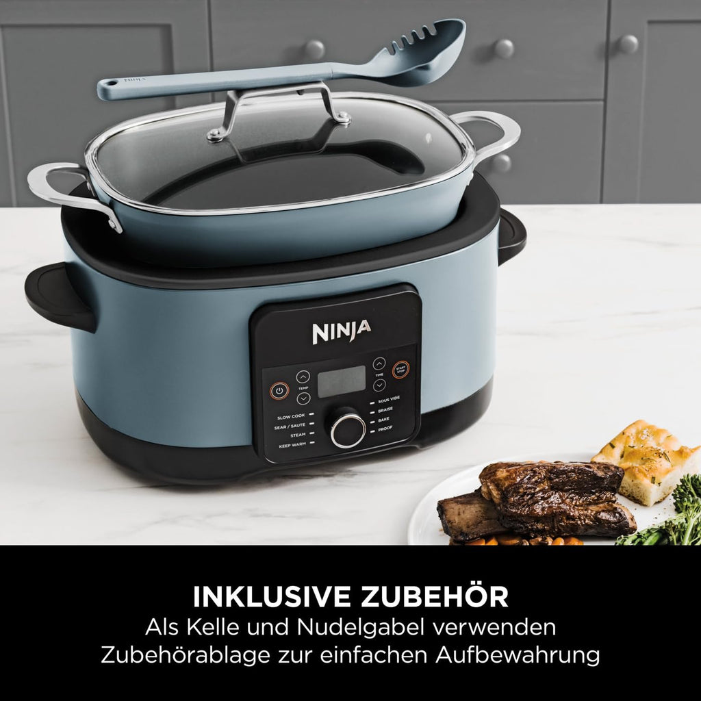 Multikocher 8-in-1 mit 8 l Fassungsvermögen für bis zu 8 Portionen, 1200 W, antihaftbeschichteter und spülmaschinenfester Kochtopf, in Meersalzgrau