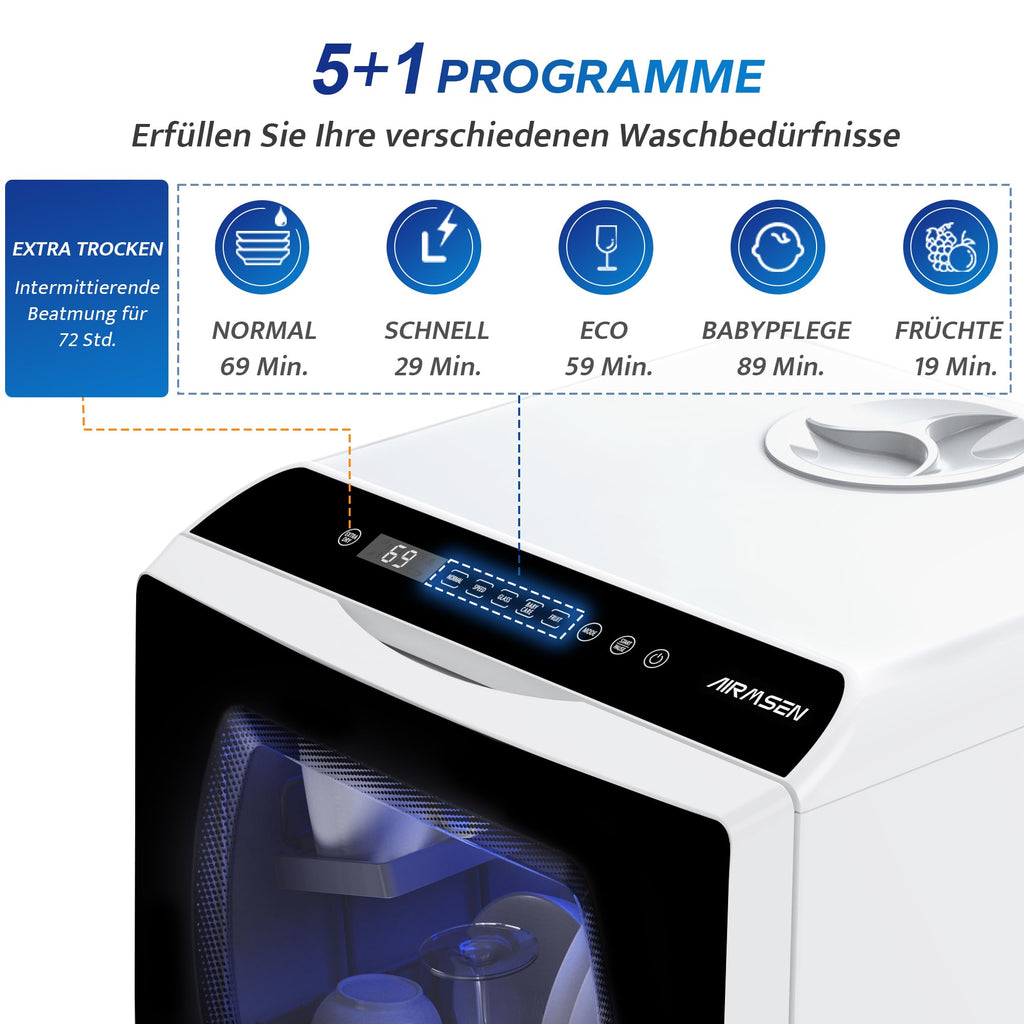 Tischgeschirrspüler mit 5+1 Programmen, 5-L-Wassertank und 360°-Reinigung, 45,8 cm breit