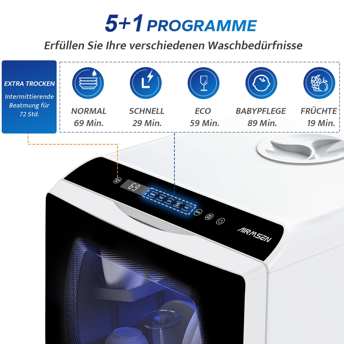 Tischgeschirrspüler mit 5+1 Programmen, 5-L-Wassertank und 360°-Reinigung, 45,8 cm breit
