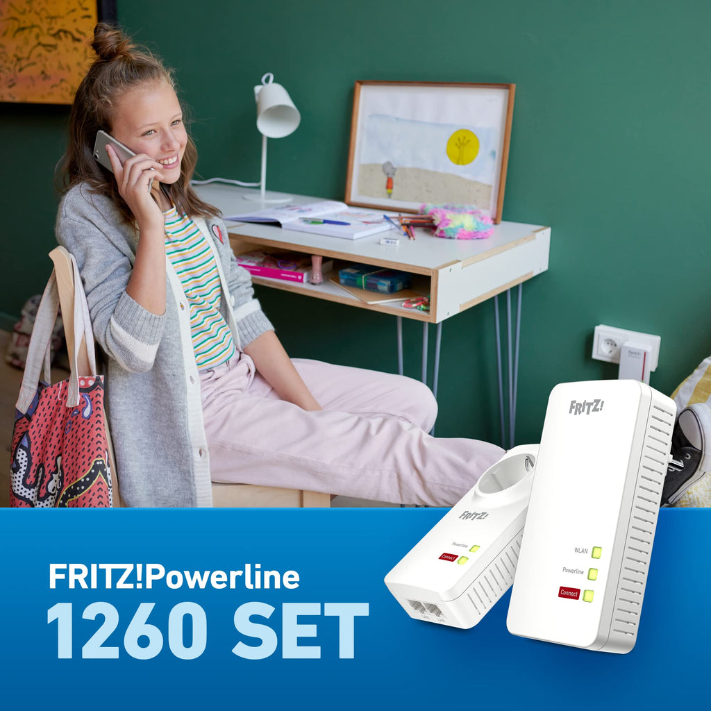 Powerline WLAN Set FRITZ!Powerline 1260 mit 1220 Adapter, Mesh Wi-Fi 5 bis 1,2 GBit/s, 3x Gigabit-LAN, WPA2