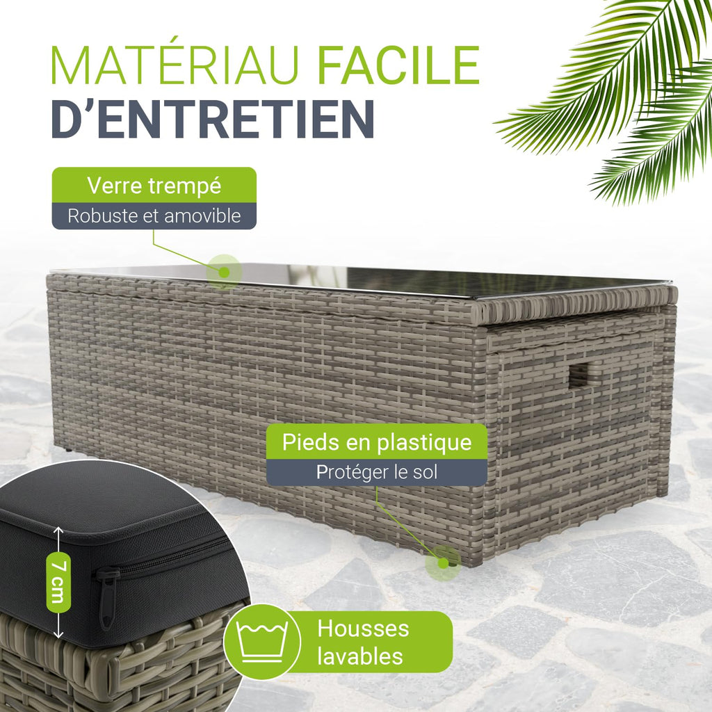 Salon de jardin lounge Salou polyrotin 6 personnes table coussins gris modèle 300862