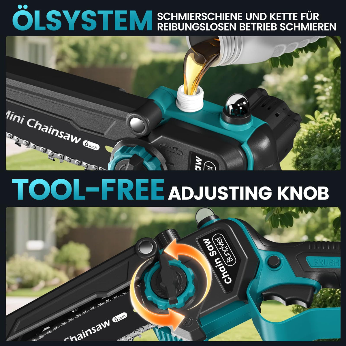 4-in-1 Akku-Hochentaster mit 6-Zoll-Mini-Kettensäge und Elektrischer Gartenschere, bürstenlos, 2x 4,0 Ah, bis 4 m