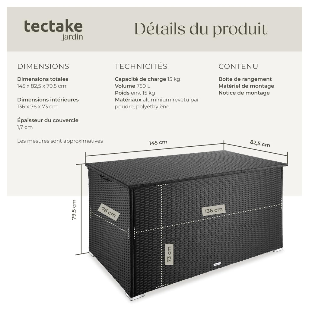 Coffre de jardin rangement extérieur polyrotin 750 L aluminium 145 x 82,5 x 79,5 cm couvercle rabattable