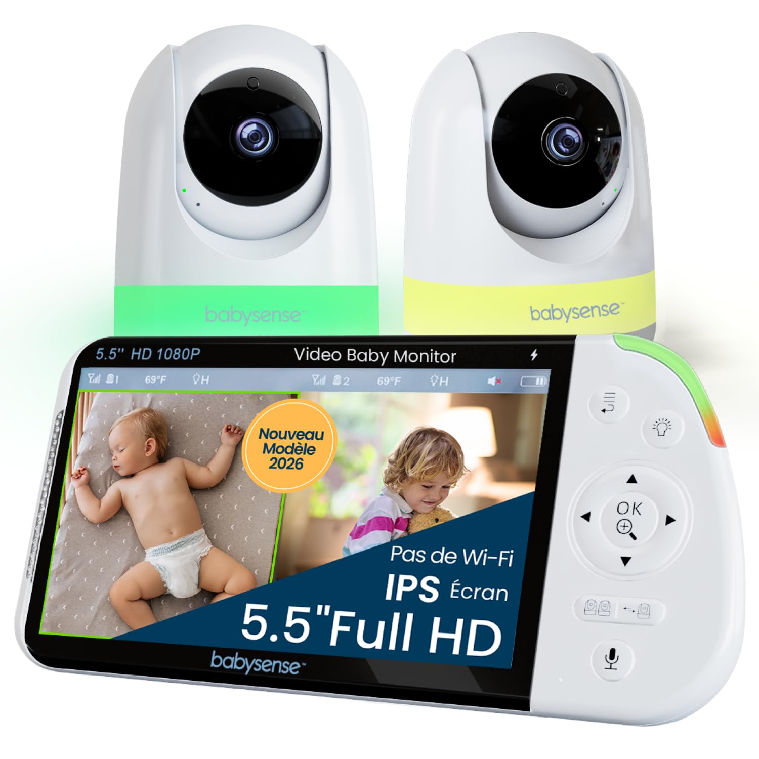 Moniteur bébé MVPRO-2CAM EU Full HD avec 2 caméras écran partagé veilleuse 6 couleurs connexion 2.4GHz FHSS sans WiFi