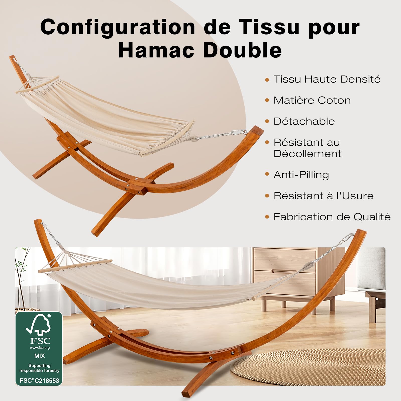 Hamac avec support en bois de pin massif 320 x 120 cm réglable en hauteur charge 200 kg extérieur