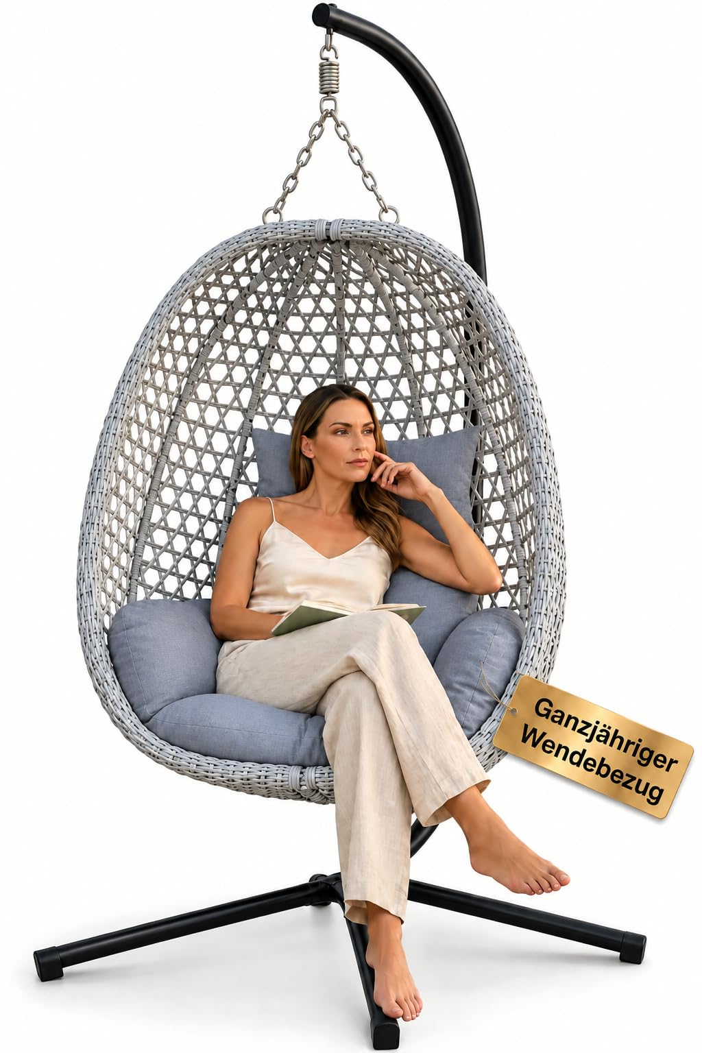 Hängesessel mit Gestell für Outdoor und Indoor, faltbarer Loungesessel aus PE-Rattan in Grau mit Wendebezug und Abdeckplane, bis 150 kg