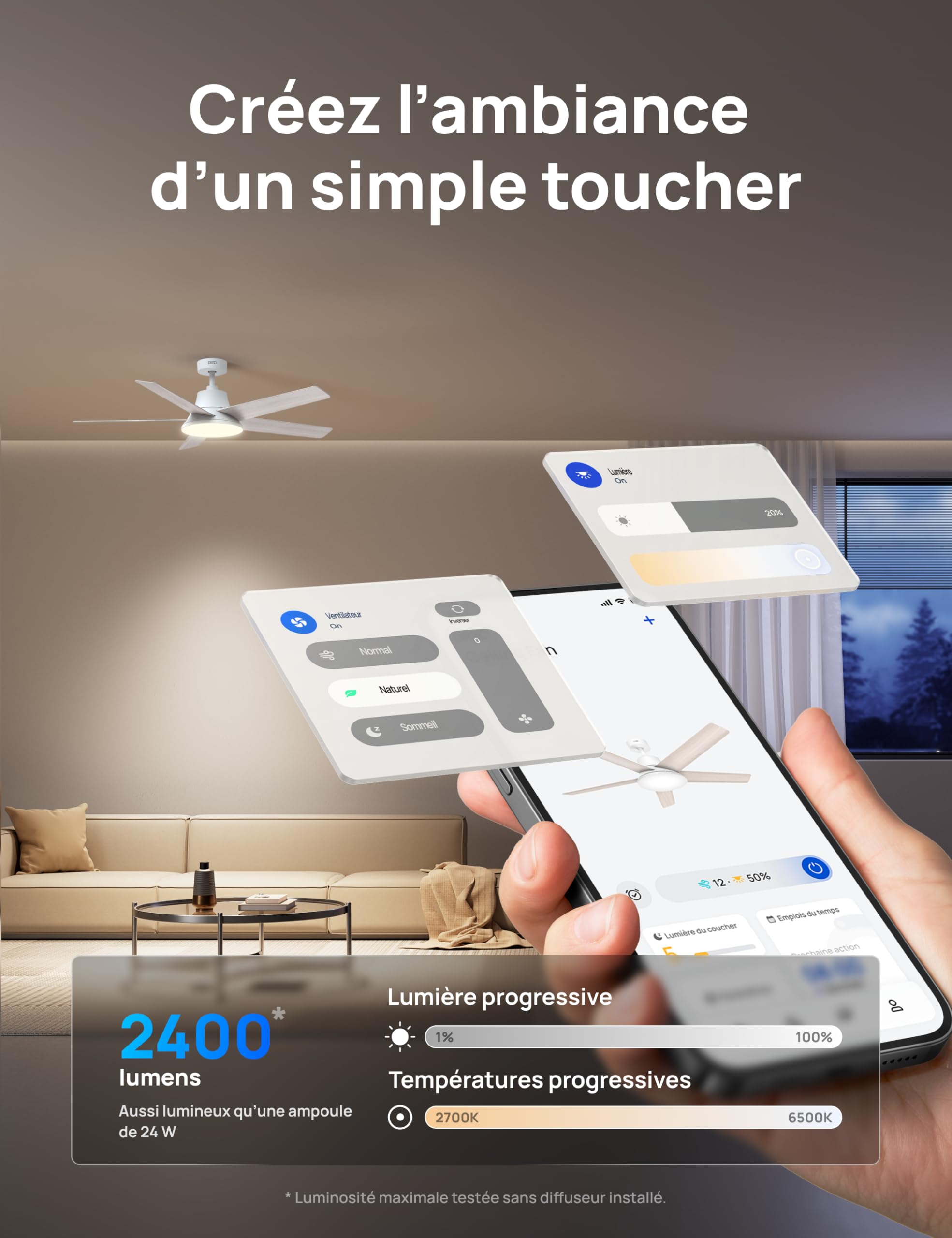Ventilateur de plafond intelligent 132 cm avec lumière LED dimmable 12 vitesses moteur DC télécommande et contrôle APP