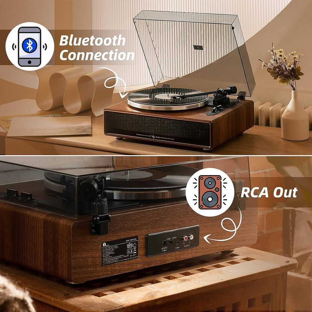Plattenspieler mit integrierten Lautsprechern und Bluetooth, 33/45 RPM, Phono-Vorverstärker, Nussbaum