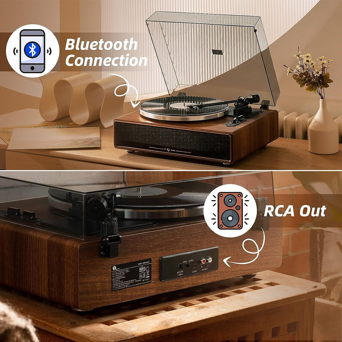Plattenspieler mit integrierten Lautsprechern und Bluetooth, 33/45 RPM, Phono-Vorverstärker, Nussbaum