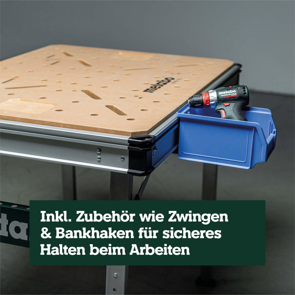 Multifunktionstisch MWB 100, klappbare Werkbank und Montagetisch mit 2 Einhandzwingen, 4 Bankhaken und 2 Eckverbindern