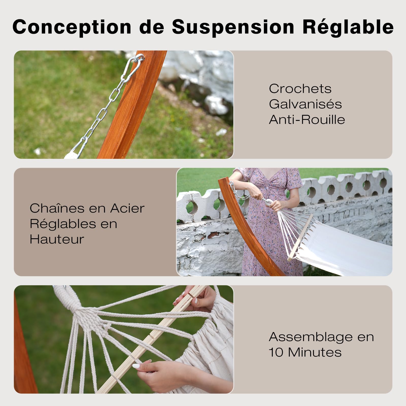 Hamac avec support en bois de pin massif 320 x 120 cm réglable en hauteur charge 200 kg extérieur