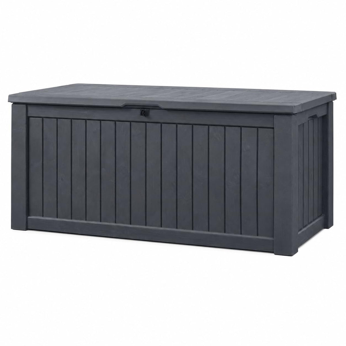 Auflagenbox 570 L aus Kunststoff in Anthrazit mit Holzoptik, wasserdicht und belüftet, Deckel bis 250 kg belastbar