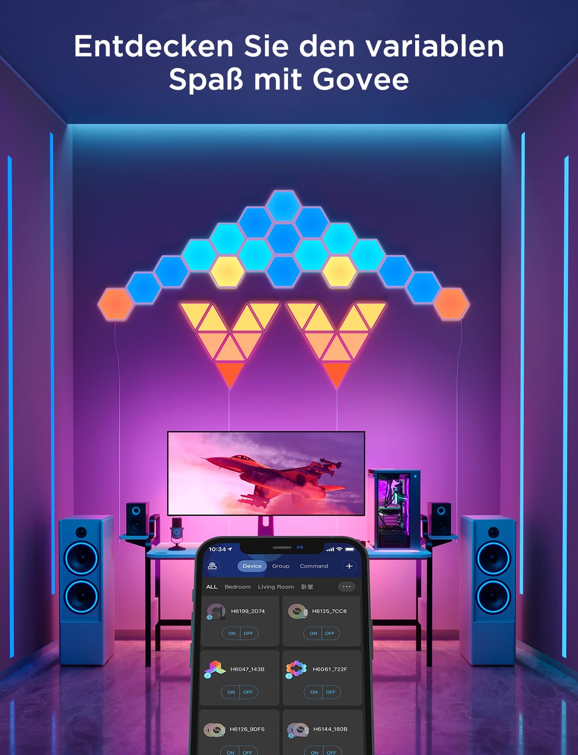 LED Hexagon Wandpaneele RGBIC Gaming Wandleuchten App-Steuerung Musik-Synchronisation Szenenmodi Timer und Sprachsteuerung