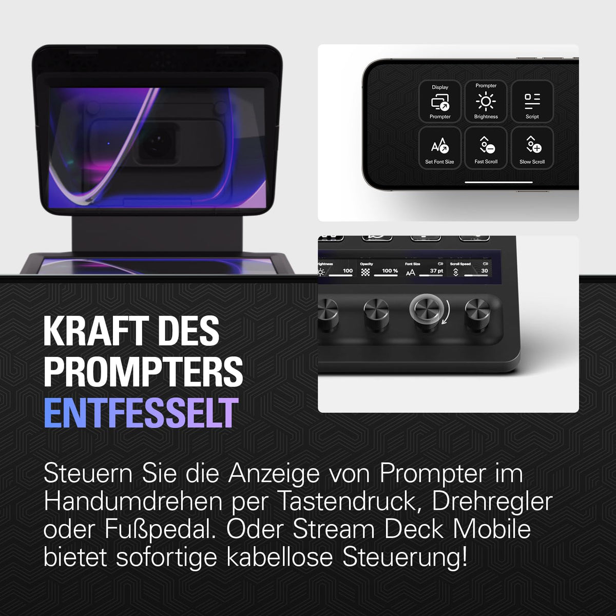 Teleprompter mit integriertem 9-Zoll-Display, 1024 x 600 px, USB-C, für Kameras mit Adapterringen 49-82 mm