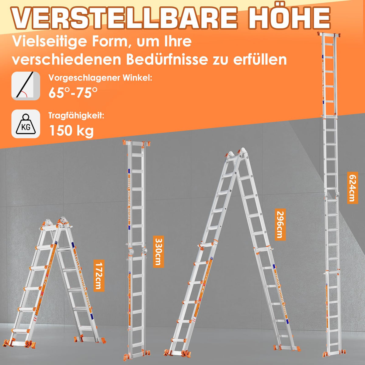 6-Stufen-Mehrzweckleiter aus Aluminium mit Ausziehfunktion bis 6,10 m, 150 kg Traglast sowie Stabilisator und Rädern