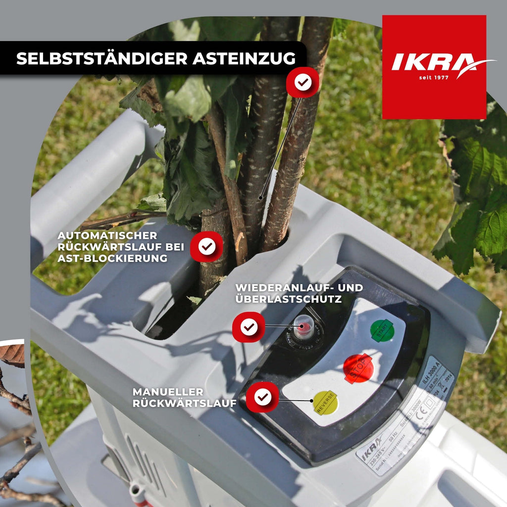 Elektro Gartenhäcksler Walzenhäcksler ILH 3000A mit 3000 Watt und Aststärke bis 44 mm, inkl. 60-Liter-Fangbox und Stopfer