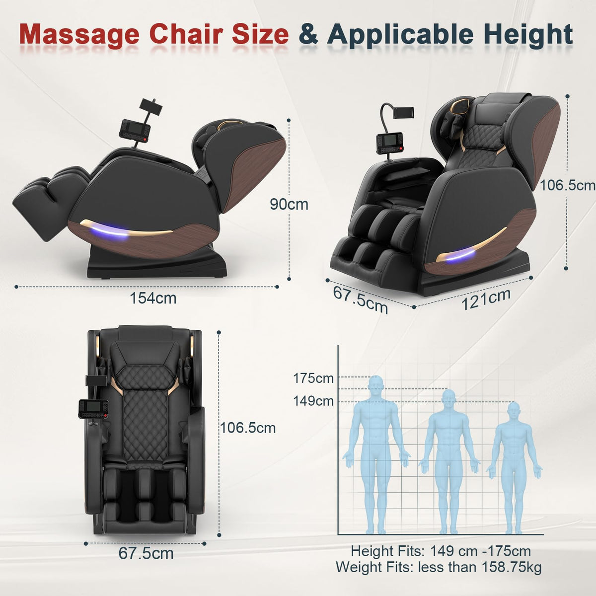 Massagesessel mit 14 Massagerollen und 8 Airbags, Zero-Gravity-Funktion sowie Wärmefunktion für Beine und Taille, Bluetooth-Lautsprecher und
