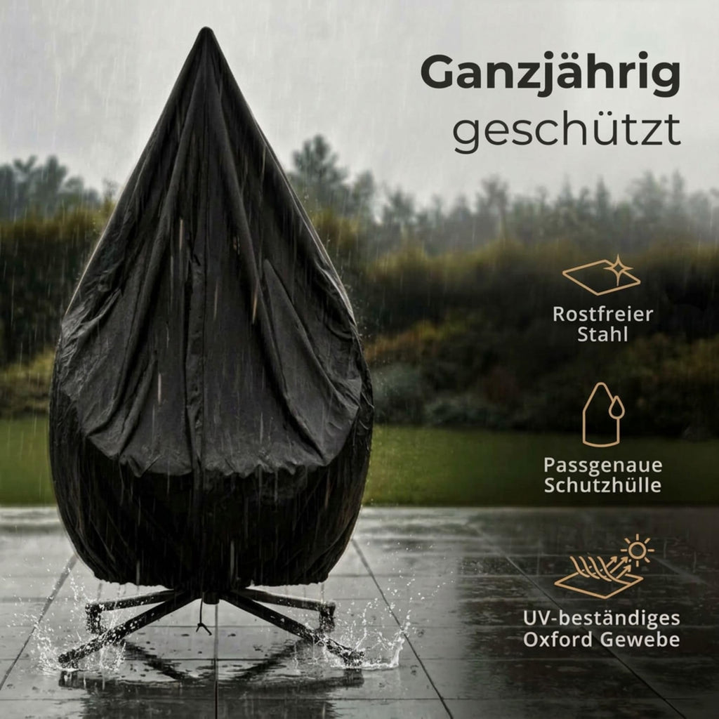 Hängesessel mit Gestell für Outdoor und Indoor, faltbarer Loungesessel aus PE-Rattan in Grau mit Wendebezug und Abdeckplane, bis 150 kg