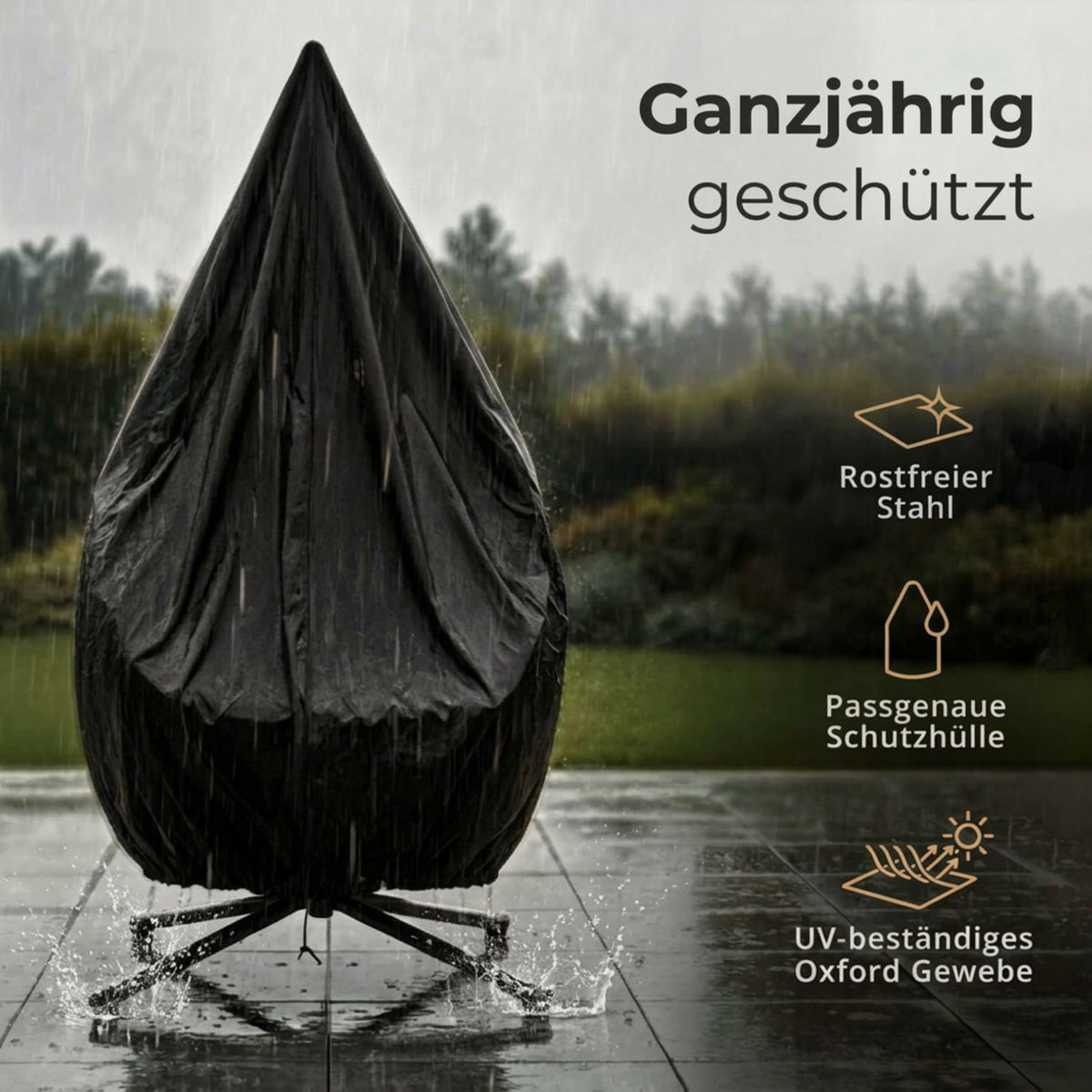 Hängesessel mit Gestell für Outdoor und Indoor, faltbarer Loungesessel aus PE-Rattan in Grau mit Wendebezug und Abdeckplane, bis 150 kg