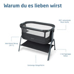 Baby Beistellbett Iora² von 0-6 Monaten mit CloudCore-Matratze, 5 Höhenstufen und Easy Slide, klappbar mit Rollen und Tragetasche, Elegance Graphite
