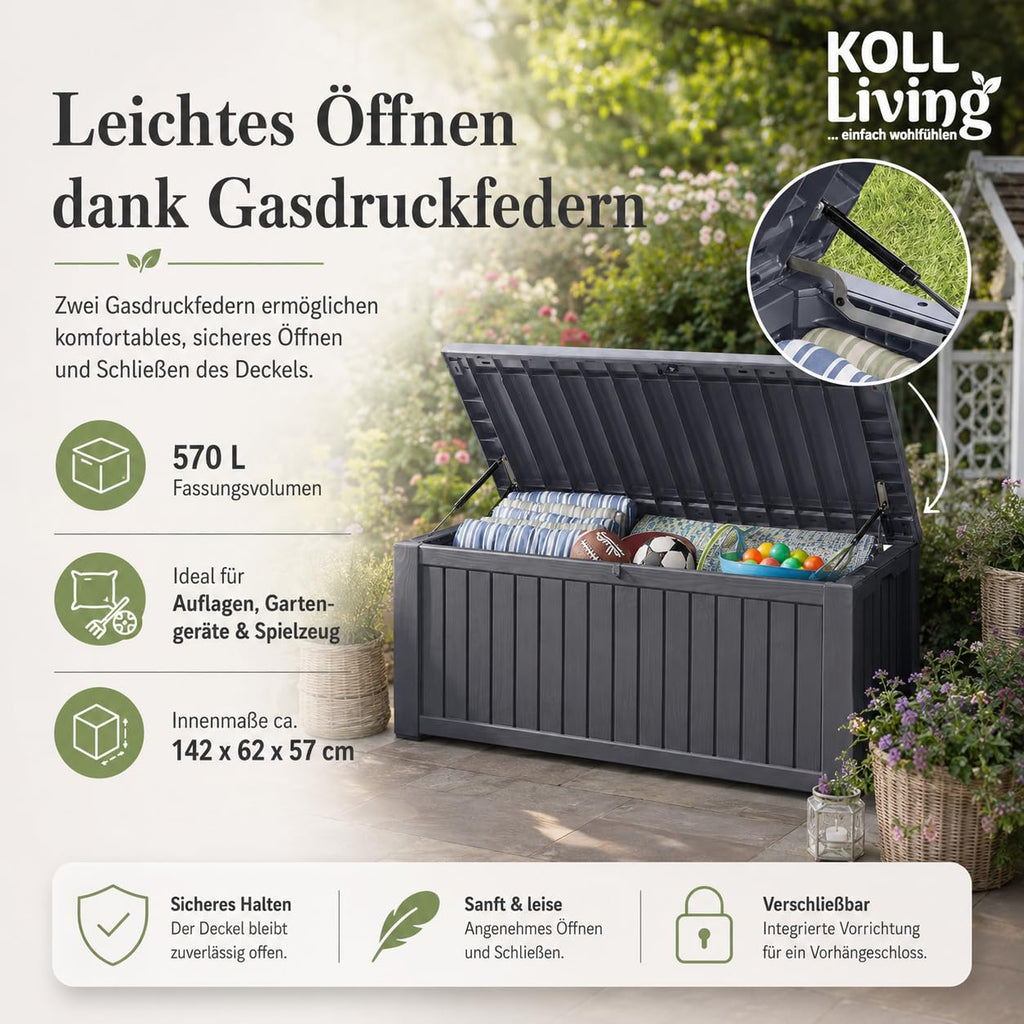 Auflagenbox 570 L aus Kunststoff in Anthrazit mit Holzoptik, wasserdicht und belüftet, Deckel bis 250 kg belastbar