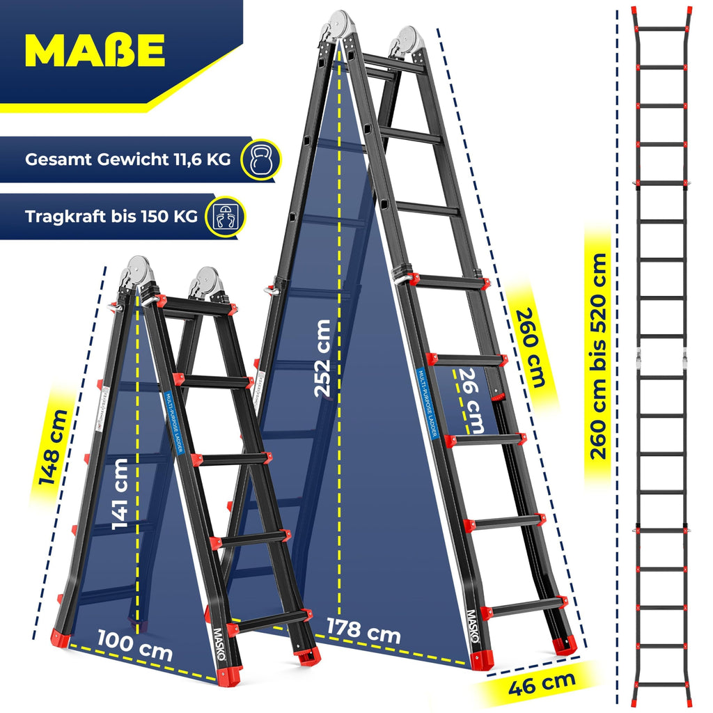 6in1 Mehrzweckleiter aus Aluminium, 20 Sprossen, 520 cm, 150 kg, ausziehbar, rutschfest, Gelenkleiter, Anlegeleiter, Klappleiter, Steh- und