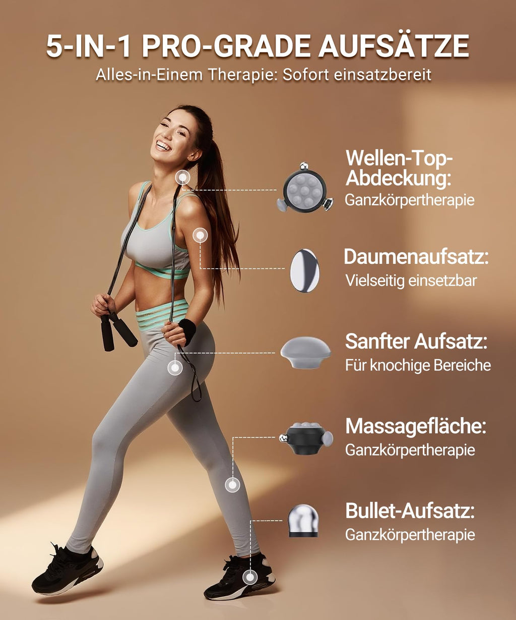 Massagepistole R1 Pro Max mit 360° Massagekopf, 5 Aufsätzen und 120 Hz Tiefengewebe-Vibration