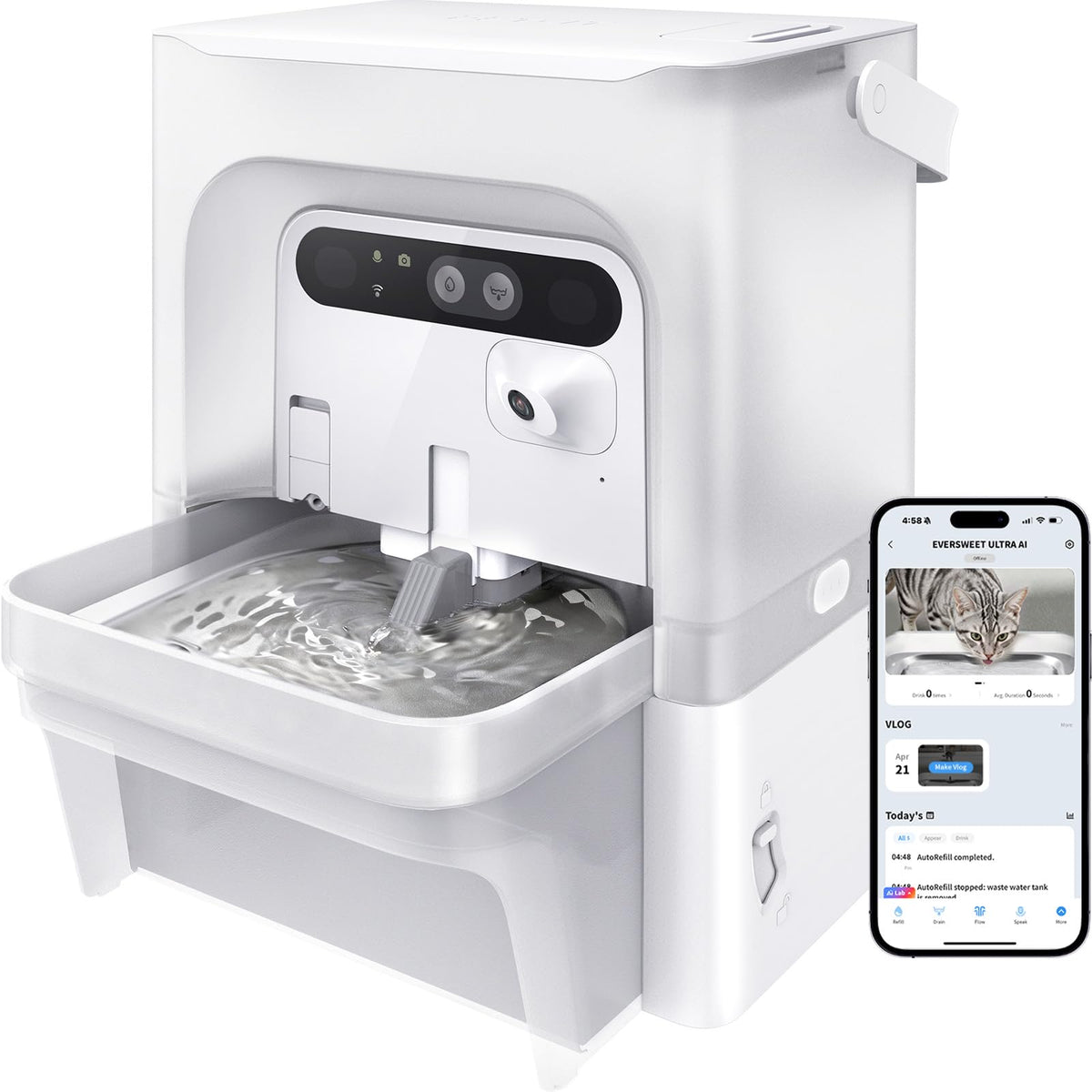 Katzen Trinkbrunnen EverSweet Ultra 5 L mit KI-Kamera Frisch- und Abwassertrennung App-Steuerung 2,4 und 5 GHz WLAN