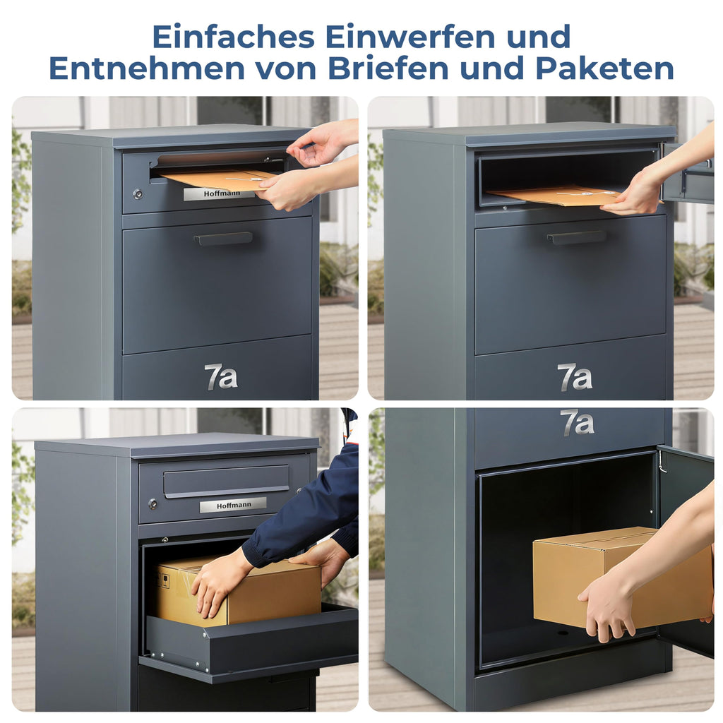Paketbox mit Briefkasten und Paketfach 112 x 50 x 39 cm 85 L abschließbar aus verzinktem Stahl mit 4 Schlüsseln Anthrazit