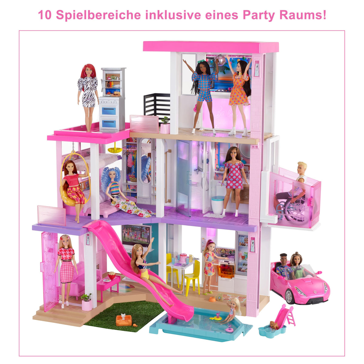 Puppenhaus Spielset Traumvilla, ca. 110 cm hoch und 105 cm breit, mit 10 Räumen, Aufzug, Rutsche, Pool und über 75 Teilen