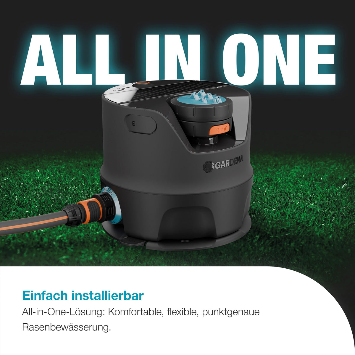 Bewässerungssystem AquaPrecise für Rasenflächen bis 320 m² solarbetrieben mit Bluetooth Konturregnerkopf FlowBalance Ventil Montageplatte