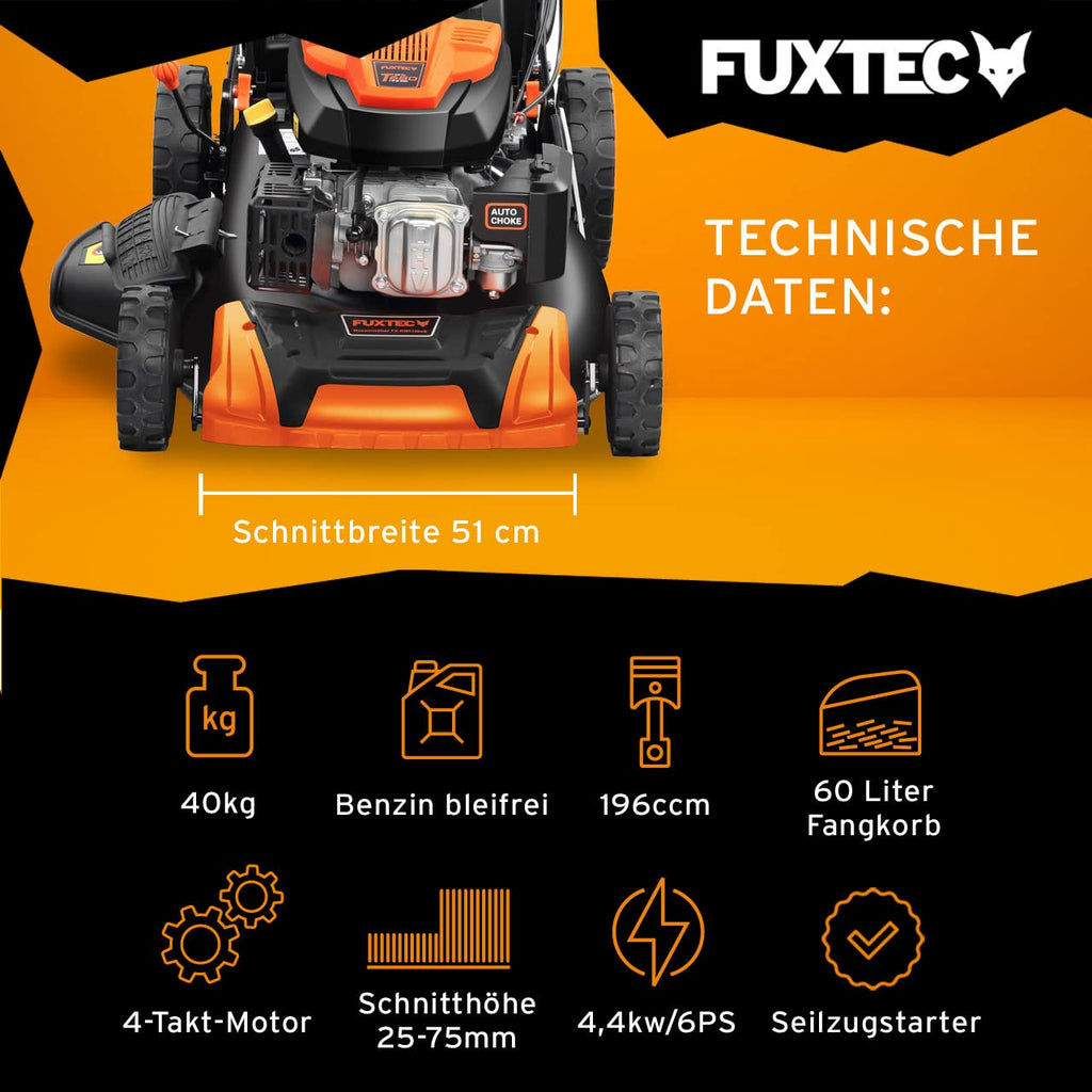 Benzin-Rasenmäher FX-RM5196 mit 196-ccm-4-Takt-Motor und 51 cm Schnittbreite, 4-in-1-Funktion mit Radantrieb und 60-Liter-Fangkorb