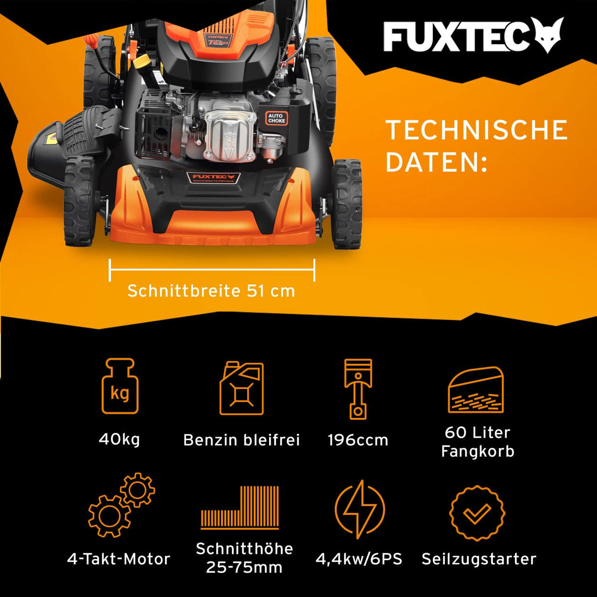 Benzin-Rasenmäher FX-RM5196 mit 196-ccm-4-Takt-Motor und 51 cm Schnittbreite, 4-in-1-Funktion mit Radantrieb und 60-Liter-Fangkorb