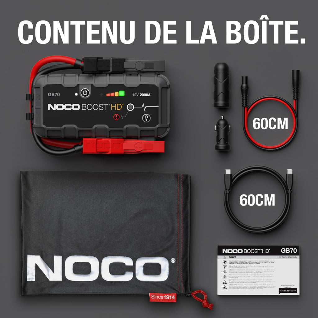 Booster de batterie GB70 12V 2000A avec powerbank et chargeur USB pour moteurs essence 8L diesel 6L