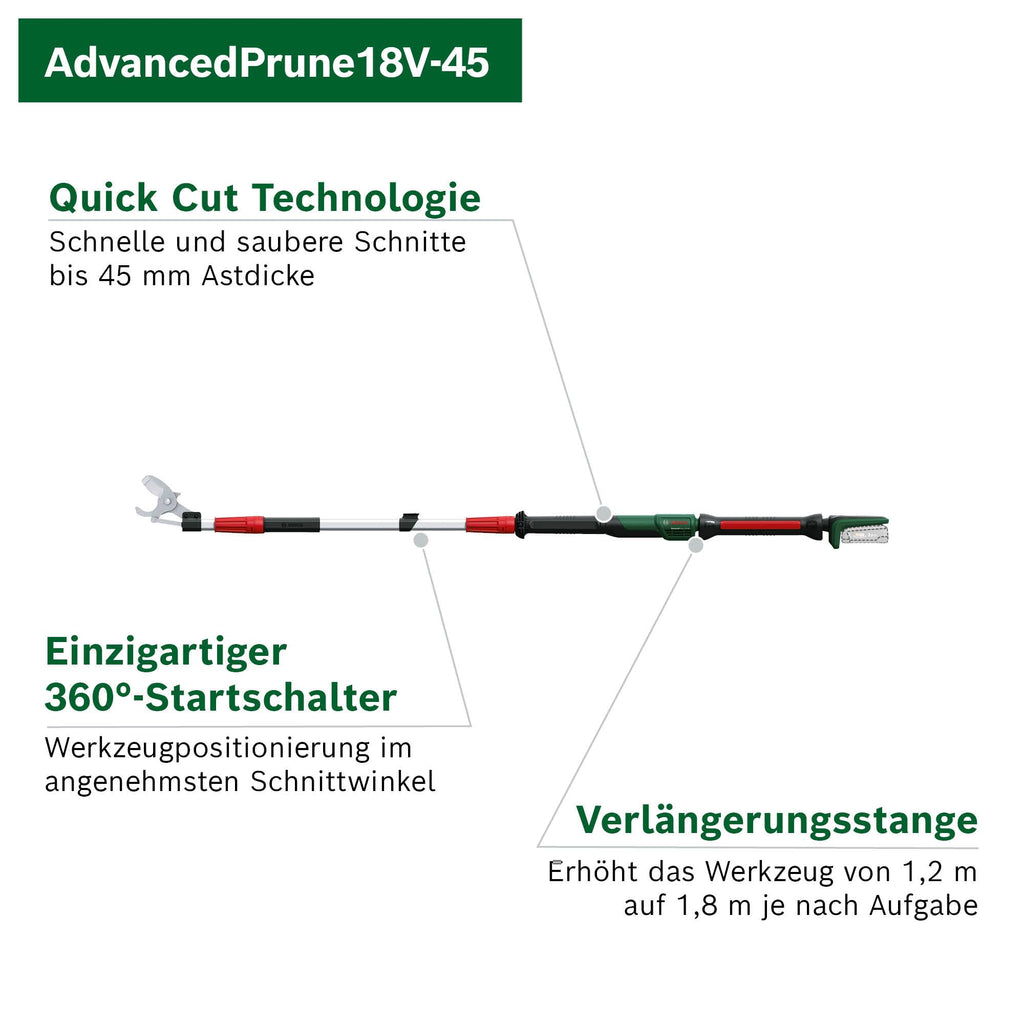 Akku-Gartenschere AdvancedPrune 18V-45 für Äste bis 45 mm, mit Verlängerungsstange, ohne Akku und Ladegerät