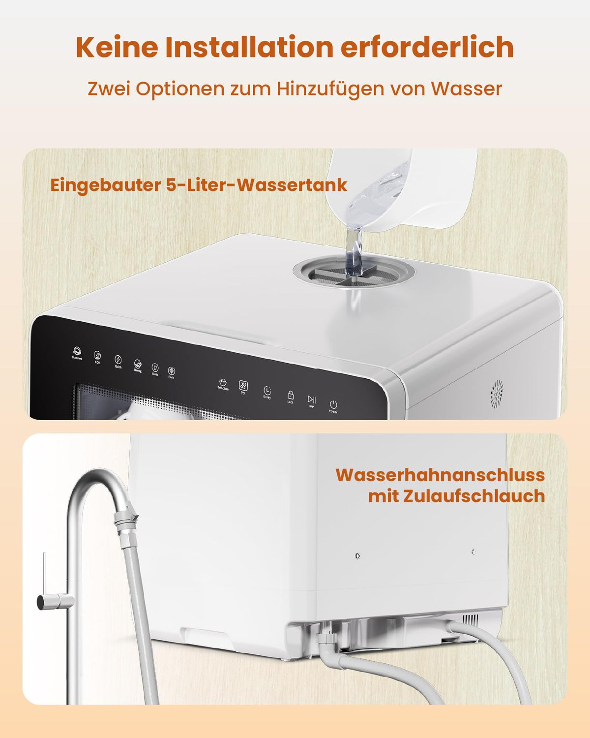 Tischgeschirrspüler mit Wasserenthärter und 5-Liter-Wassertank, 8 Spülprogramme und 18 Stunden Startverzögerung, weiß