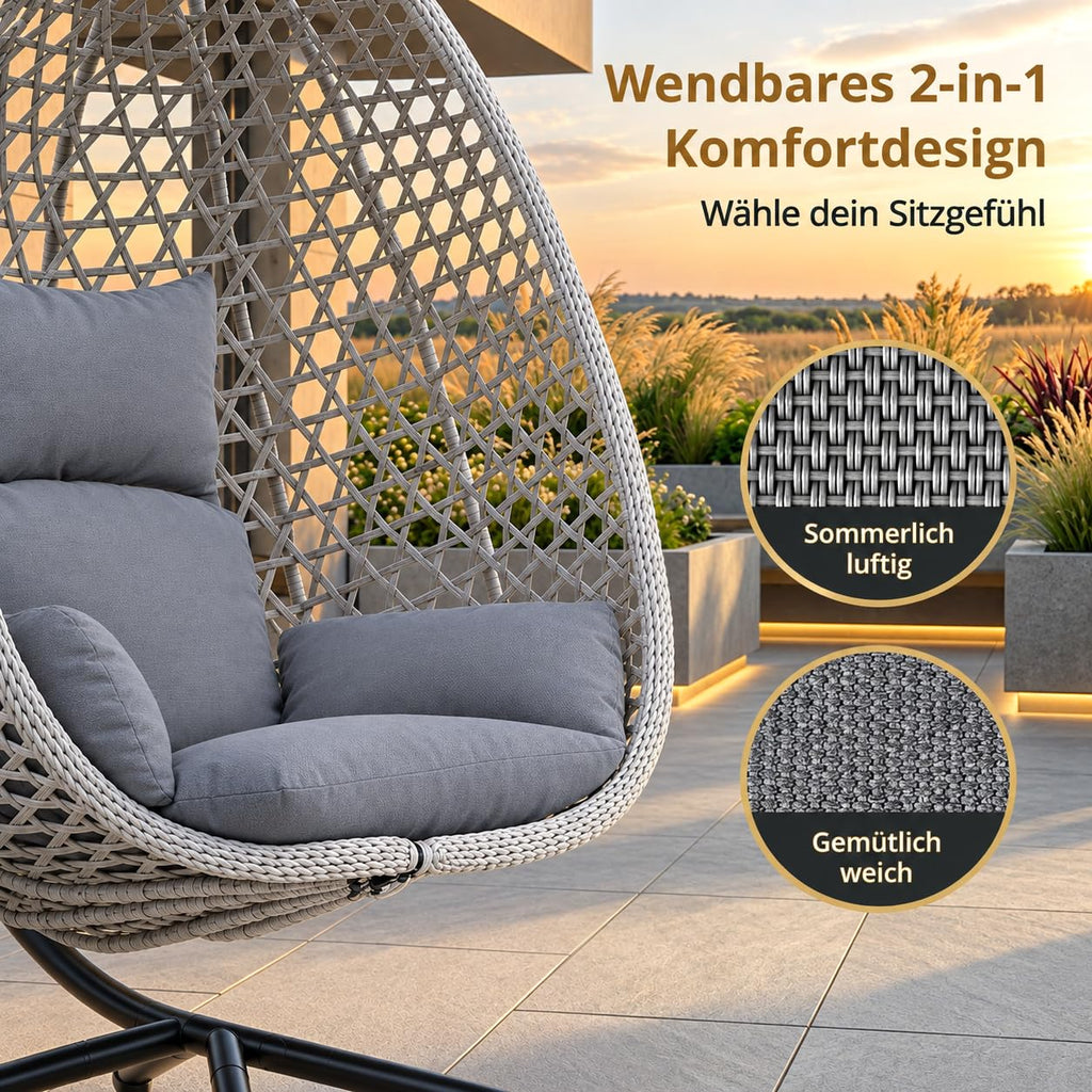 Hängesessel mit Gestell für Outdoor und Indoor, faltbarer Loungesessel aus PE-Rattan in Grau mit Wendebezug und Abdeckplane, bis 150 kg