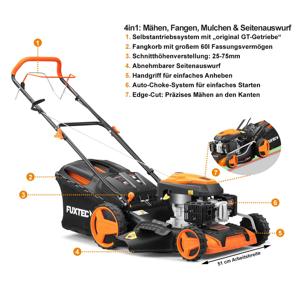 Benzin-Rasenmäher FX-RM5196 mit 196-ccm-4-Takt-Motor und 51 cm Schnittbreite, 4-in-1-Funktion mit Radantrieb und 60-Liter-Fangkorb