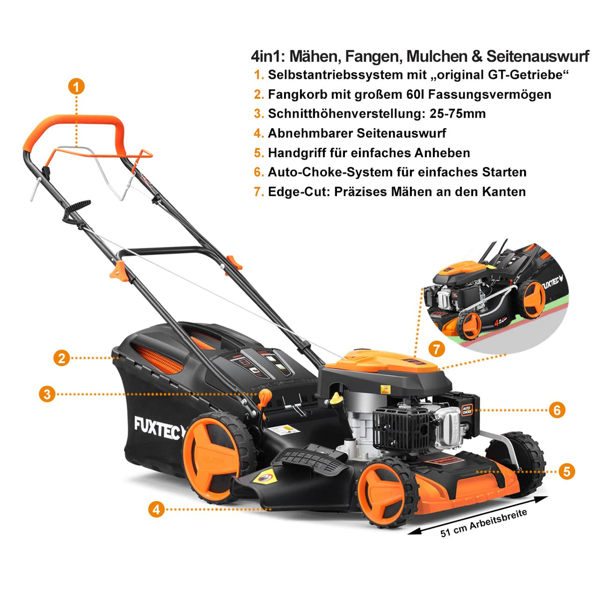 Benzin-Rasenmäher FX-RM5196 mit 196-ccm-4-Takt-Motor und 51 cm Schnittbreite, 4-in-1-Funktion mit Radantrieb und 60-Liter-Fangkorb