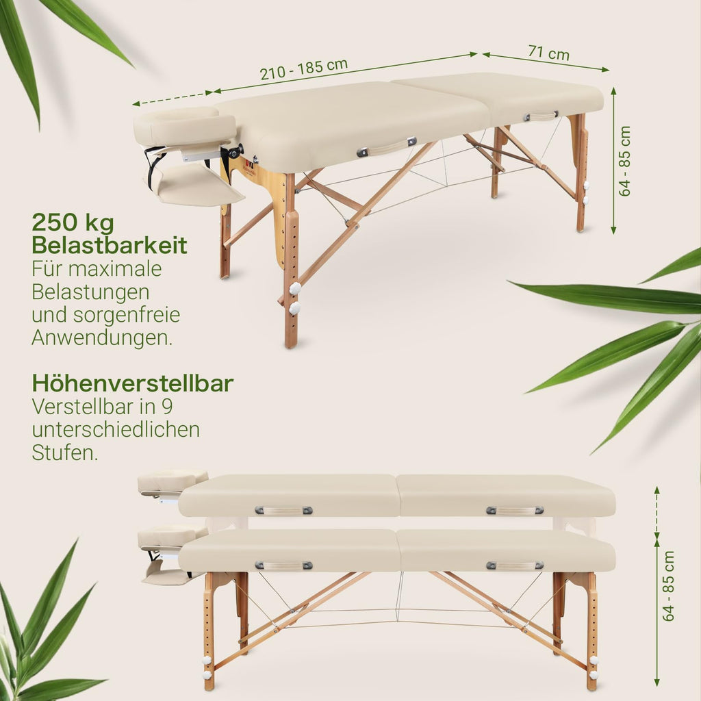 Mobile Massageliege klappbar und höhenverstellbar, extra breit 71 cm, aus Vollholz mit Kopfstütze, Armlehne und Zubehör, Creme