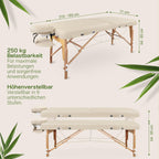 Mobile Massageliege klappbar und höhenverstellbar, extra breit 71 cm, aus Vollholz mit Kopfstütze, Armlehne und Zubehör, Creme