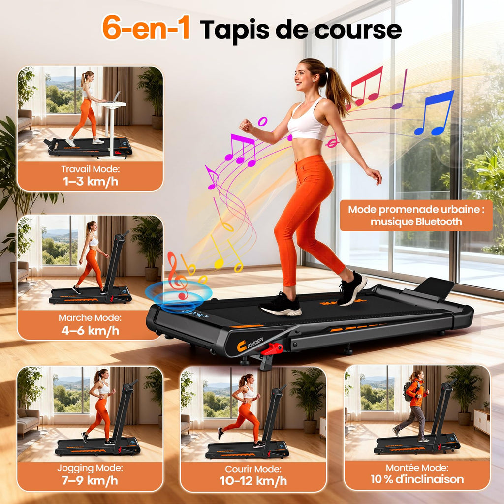 Tapis de course pliable 6 en 1 inclinaison 10% moteur 3 CV vitesse 12 km/h Bluetooth écran LED capacité 160 kg