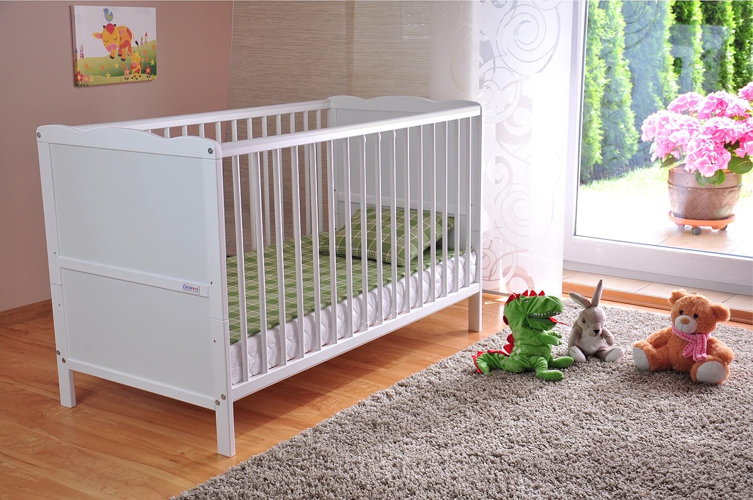 Lit bébé évolutif réglable en hauteur avec matelas mousse Aloe Vera bois de pin 124x65x87 cm blanc
